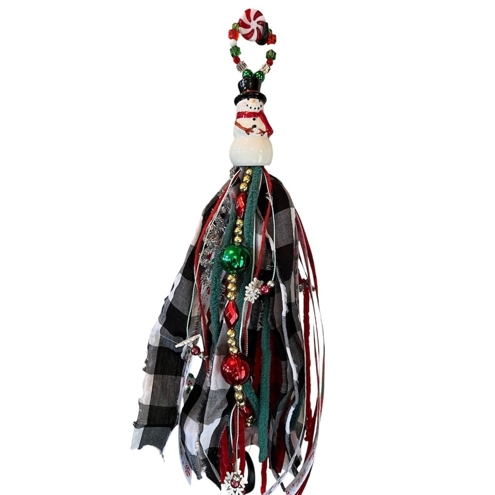 Handmade Snowman Salt Shaker Tassel 14" Red Green Buffalo Check Excellent